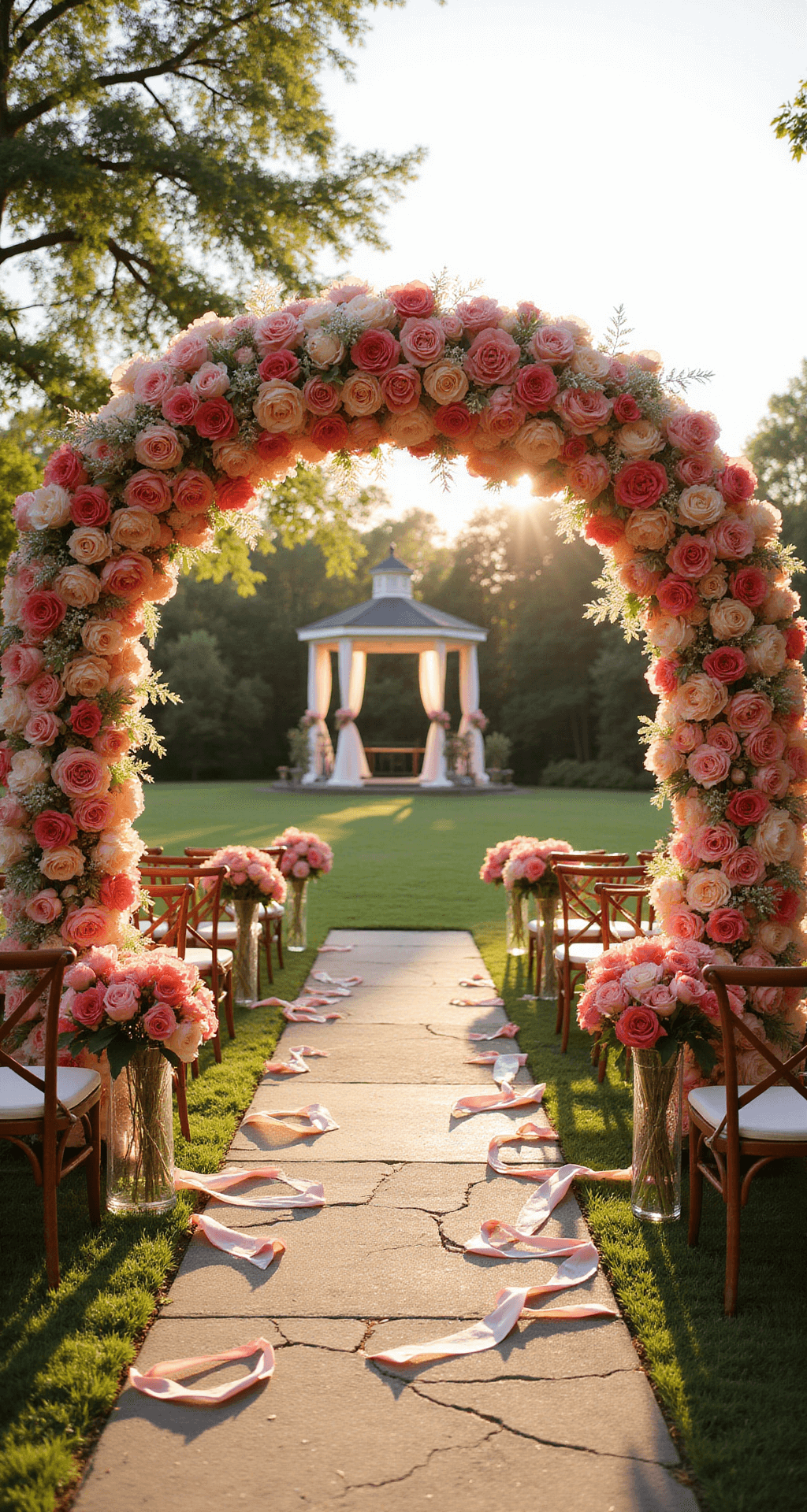 Vibrant Wedding Flowers: Your Ultimate Guide to Colorful Celebration Blooms A sunlit garden wedding setup with dramatic ombré-styled Pink Floyd rose arch, vintage wooden chairs with flower posies, silk ribbons, peony-filled crystal vases, a stone pathway, and a flower-draped gazebo, captured during golden hour.