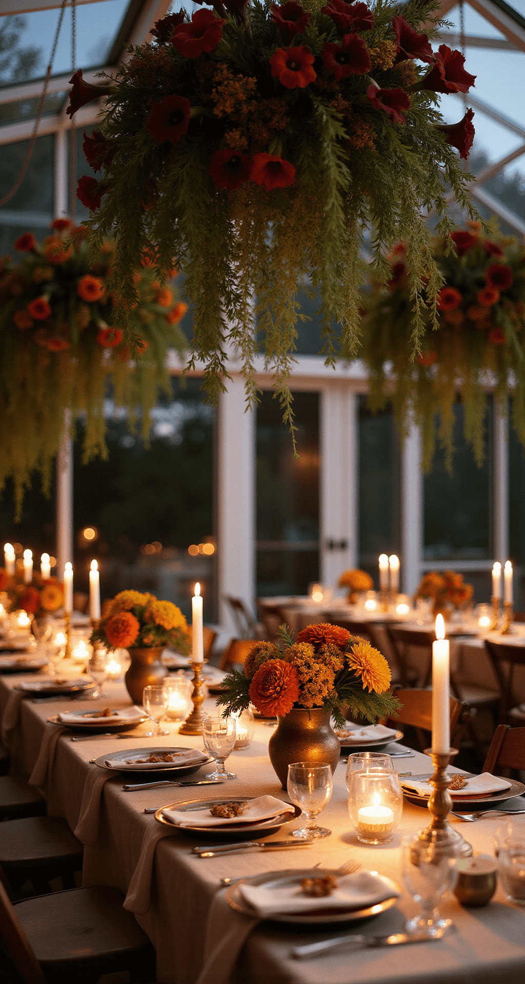 Vibrant Wedding Flowers: Your Ultimate Guide to Colorful Celebration Blooms Alt text: Cozy indoor reception at dusk with burgundy calla lilies and greenery suspended above farm tables, illuminated by vintage brass candleholders on cream linens, featuring fall-colored floral arrangements in copper vessels.