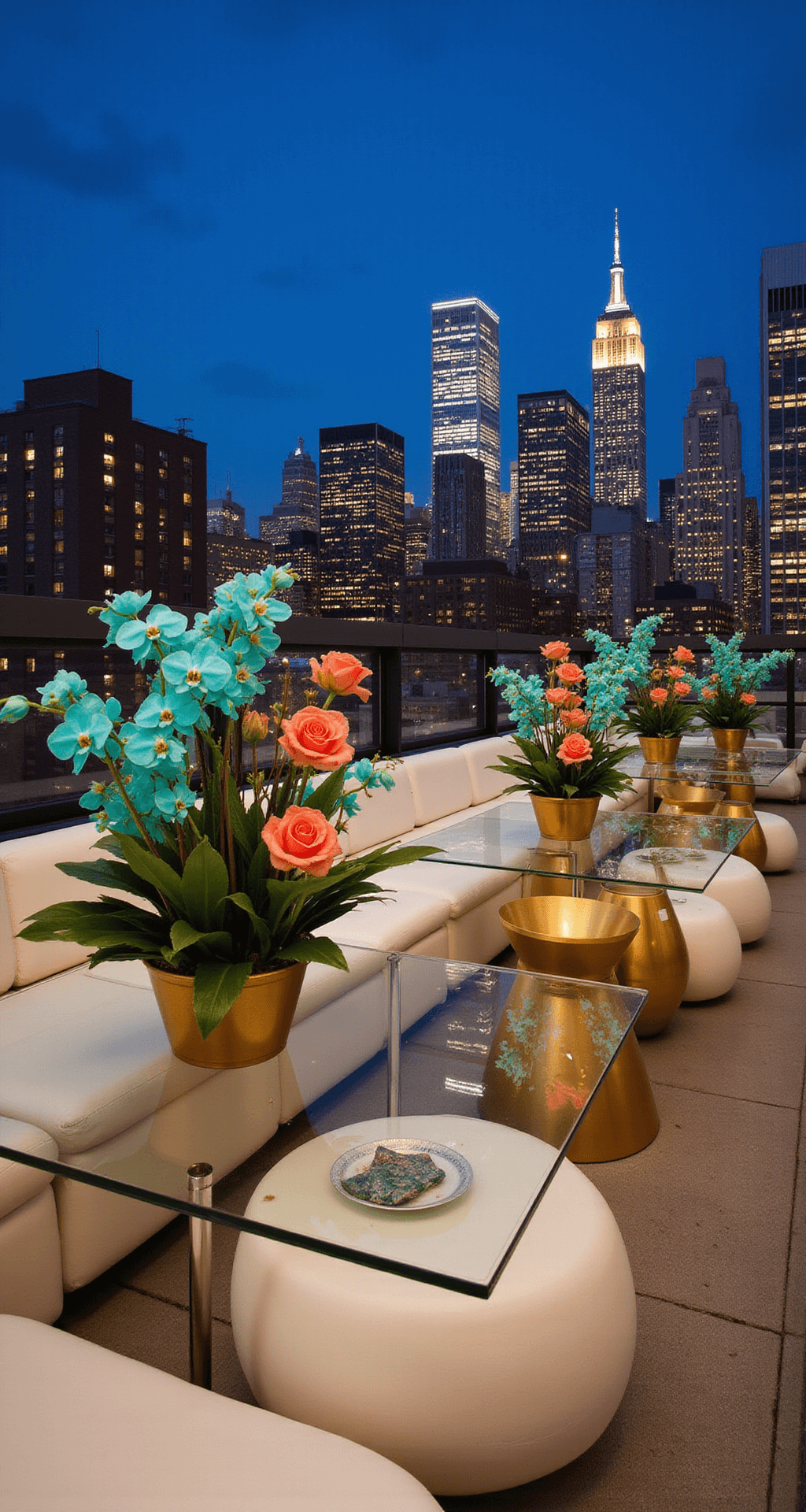 Vibrant Wedding Flowers: Your Ultimate Guide to Colorful Celebration Blooms Modern rooftop venue at twilight with Manhattan skyline in the background, featuring minimalist clear acrylic tables with bold tropical floral arrangements of electric teal orchids and coral sunset roses, warm LED uplighting on white lounge furniture, and geometric gold containers with architectural floral designs, viewed from a corner angle capturing city lights.