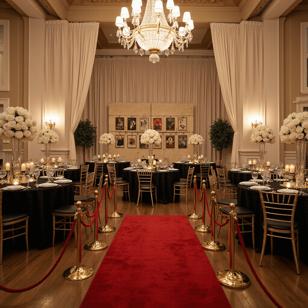 🎉 18th Birthday Bash: Your Ultimate Party Planning Guide Elegant ballroom transformed with vintage Hollywood glamour, featuring a red carpet entrance, gold stanchions, art deco details, crystal chandeliers, round tables with black sequined linens and white rose centerpieces, a champagne wall with mocktails, a vintage movie poster gallery wall, and gold chiavari chairs.
