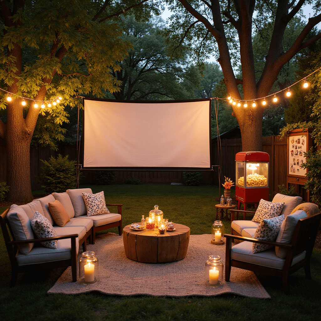 🎉 18th Birthday Bash: Your Ultimate Party Planning Guide An intimate backyard movie night scene at golden hour, featuring a crisp white projection screen, vintage furniture seating vignettes, a candy bar with classic snacks, ambient lantern lighting, a retro popcorn machine, and a Polaroid photo wall.