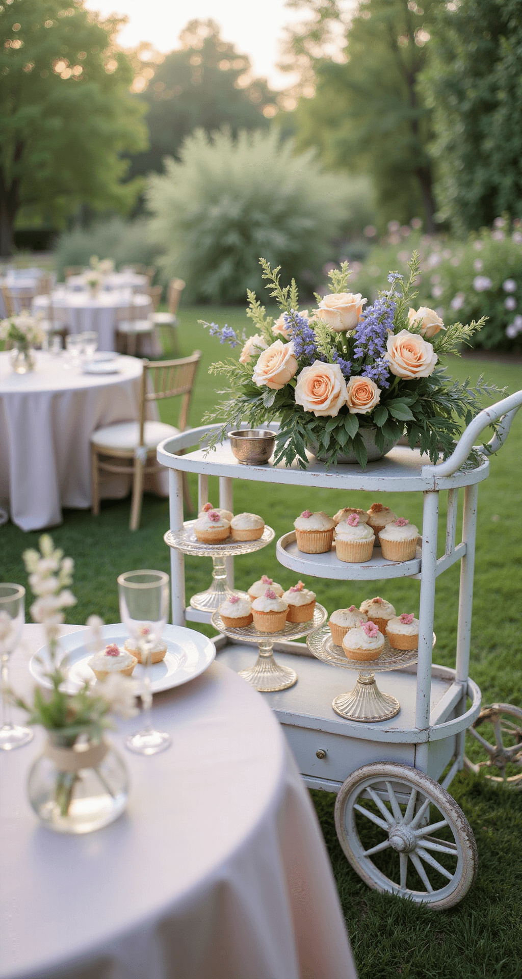 Vibrant Wedding Flowers: Your Ultimate Guide to Colorful Celebration Blooms A vintage tea cart converted into a mobile flower bar with peach garden roses, lavender sweet peas, and mint green foliage, surrounded by crystal cake stands with desserts and draped pale pink silk linens in morning light.