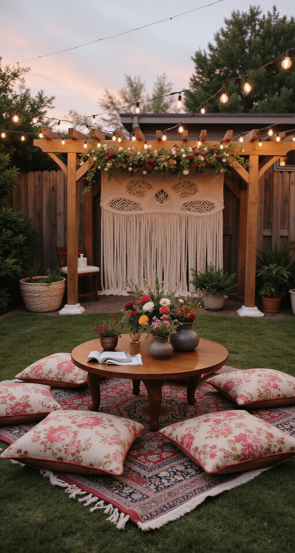 Vibrant Wedding Flowers: Your Ultimate Guide to Colorful Celebration Blooms Bohemian backyard wedding lounge at sunset with low wooden tables, embroidered floor cushions, vintage rugs, wildflower arrangements in pottery vessels, macramé backdrop with fresh flowers, and twinkling fairy lights overhead.