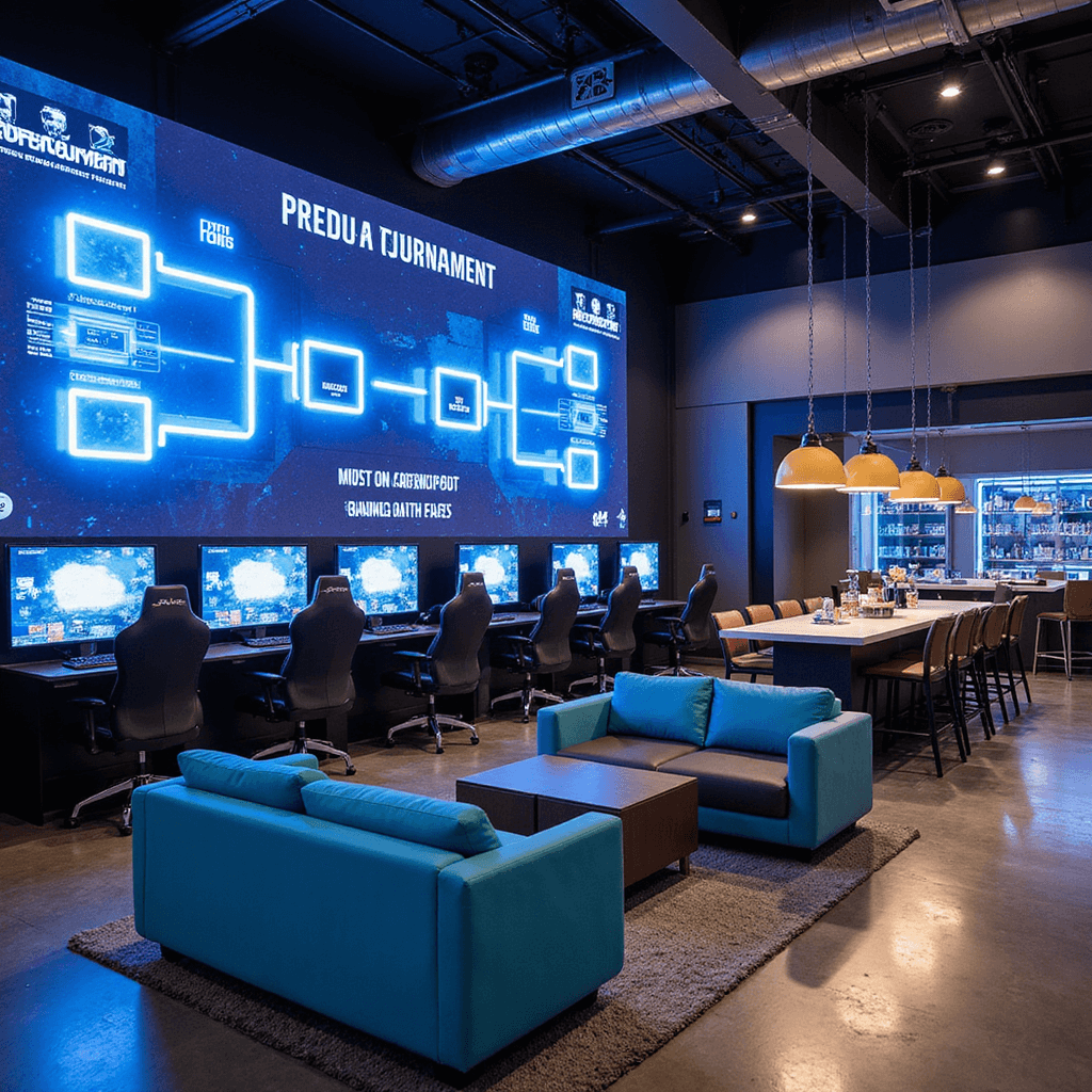 🎉 18th Birthday Bash: Your Ultimate Party Planning Guide High-energy gaming tournament setup featuring LED-lit consoles, premium gaming chairs, a large digital tournament bracket display, electric blue and charcoal gray lounge areas, illuminated gaming-themed food stations, and a spotlighted trophy display case.