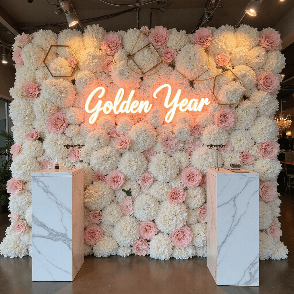 🎉 18th Birthday Bash: Your Ultimate Party Planning Guide A stylish selfie station featuring a lush flower wall of white and blush roses, gold geometric frames, a glowing neon sign reading 'Golden Year', and marble-top podiums with props, all enhanced by professional lighting.