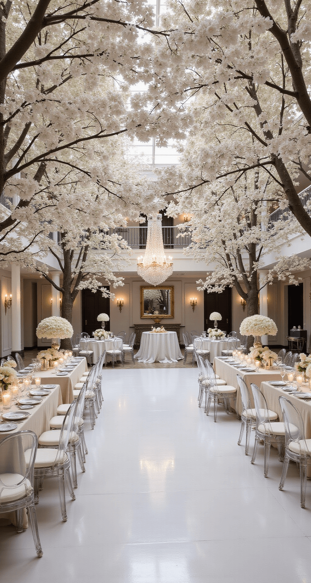 Vibrant Wedding Flowers: Your Ultimate Guide to Colorful Celebration Blooms A luxurious ballroom wedding featuring towering white cherry blossom trees framing a monochromatic white dance floor, with crystal chandeliers and mirrored tabletops adorned with high-low arrangements of white peonies and roses; ghost chairs contribute to the ethereal atmosphere, captured from a balcony view.