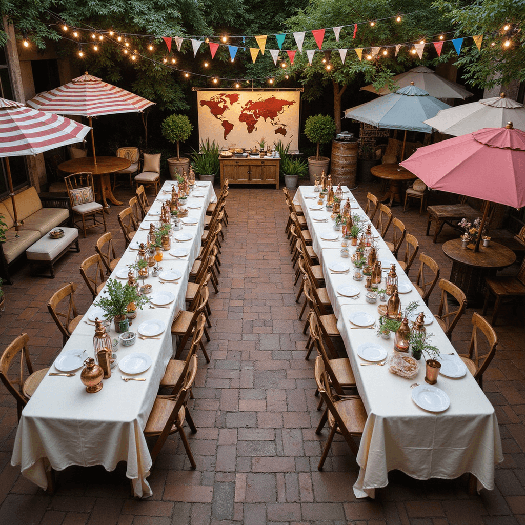 🎉 18th Birthday Bash: Your Ultimate Party Planning Guide Aerial view of a vibrant international food festival in a string-lit courtyard featuring long ivory-draped tables, rustic food stations with wooden signs, and colorful flag bunting overhead. Copper lanterns and potted herbs enhance the decor, while a world map backdrop with fairy lights offers a photo opportunity amidst lounge areas with vintage seating.