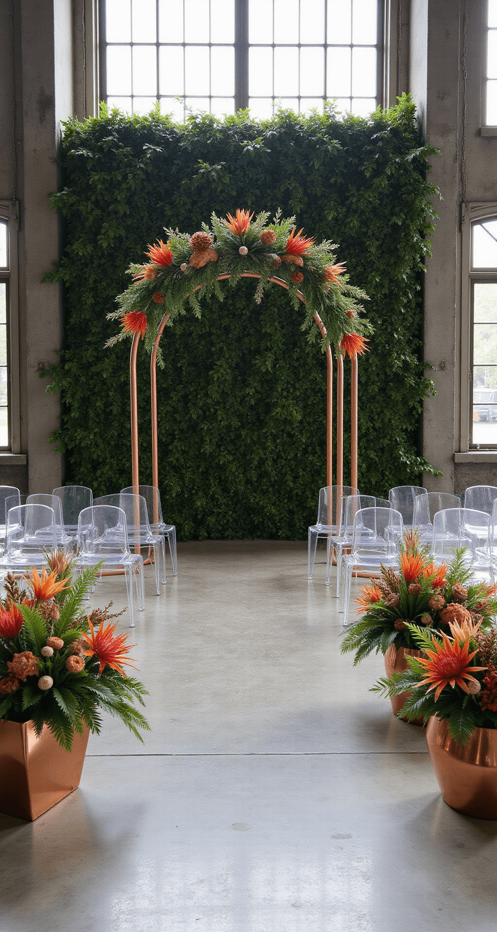 Vibrant Wedding Flowers: Your Ultimate Guide to Colorful Celebration Blooms An industrial loft ceremony space with abundant natural light features a living wall of diverse green plants as a backdrop. A simple copper arch decorated with striking protea blooms stands out. Transparent ghost chairs are arranged in a semi-circle, while geometric copper vessels filled with tropical flowers in sunset colors line the concrete aisle. The wide-angle view highlights the contrast between industrial architecture and organic elements.