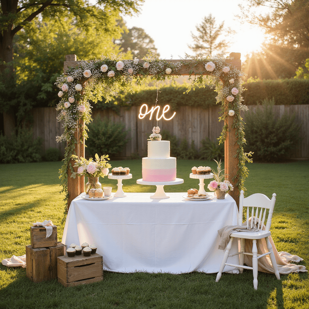 1st Birthday Party Magic: Creating Unforgettable Memories A sunlit first birthday celebration in a backyard featuring a white dessert table with a pastel pink ombré cake, a wooden arch decorated with garden roses, vintage crates with cupcakes, a glowing 'ONE' neon sign, and a charming cake smash area with a vintage high chair.