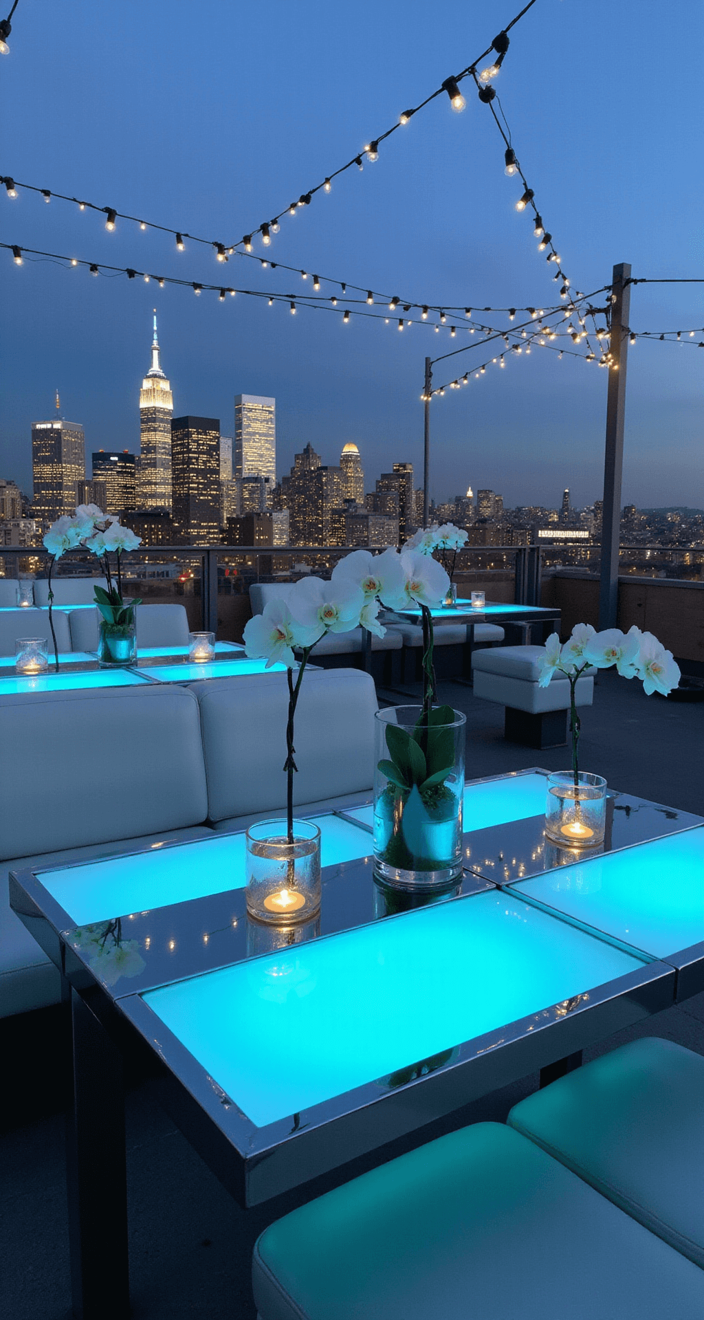 Stunning Wedding Flower Centerpieces: Your Ultimate Guide to Breathtaking Reception Decor Twilight rooftop venue in NYC with minimalist design, featuring sleek tables with white orchids, chrome and white décor, blue uplighting, string lights, and city skyline view.