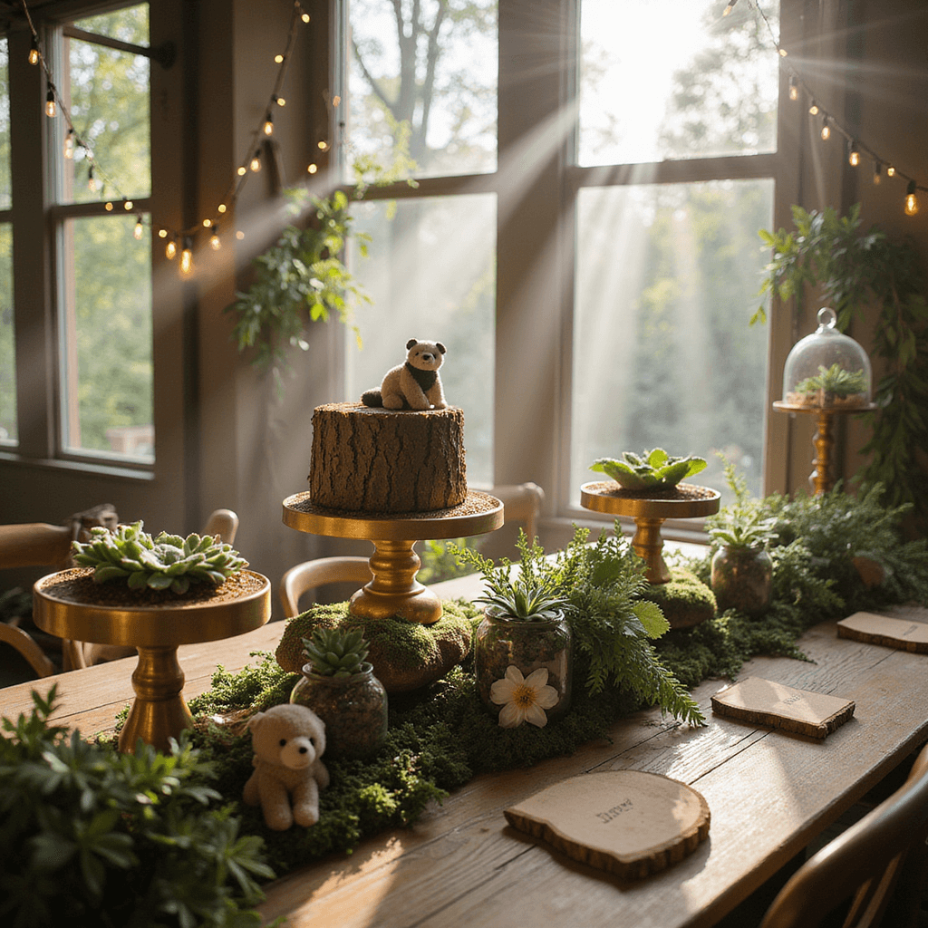 1st Birthday Party Magic: Creating Unforgettable Memories An enchanting indoor celebration illuminated by soft morning light, featuring a woodland-themed dessert display with a bark-textured cake, moss-covered stands, and golden terrariums. Plush forest creatures peek from floral arrangements of white anemones and ferns, with rustic name cards on log slices and twinkle lights above.
