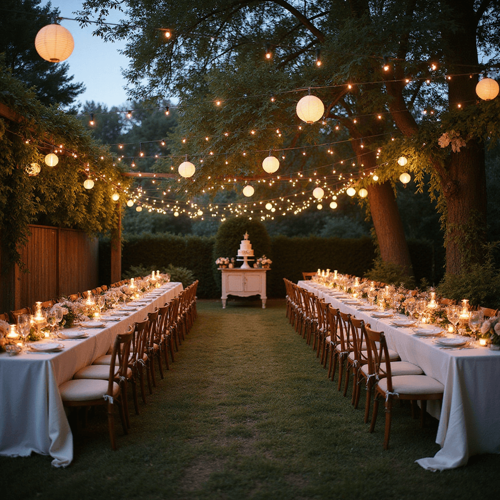 1st Birthday Party Magic: Creating Unforgettable Memories A whimsical twilight garden party featuring long farmhouse tables adorned with cream linens, peach garden roses, and golden candlesticks, all illuminated by fairy lights and paper lanterns. A vintage beverage cart serves champagne, flanked by velvet poufs and vintage armchairs around a central cake display, all captured during blue hour with warm lighting.