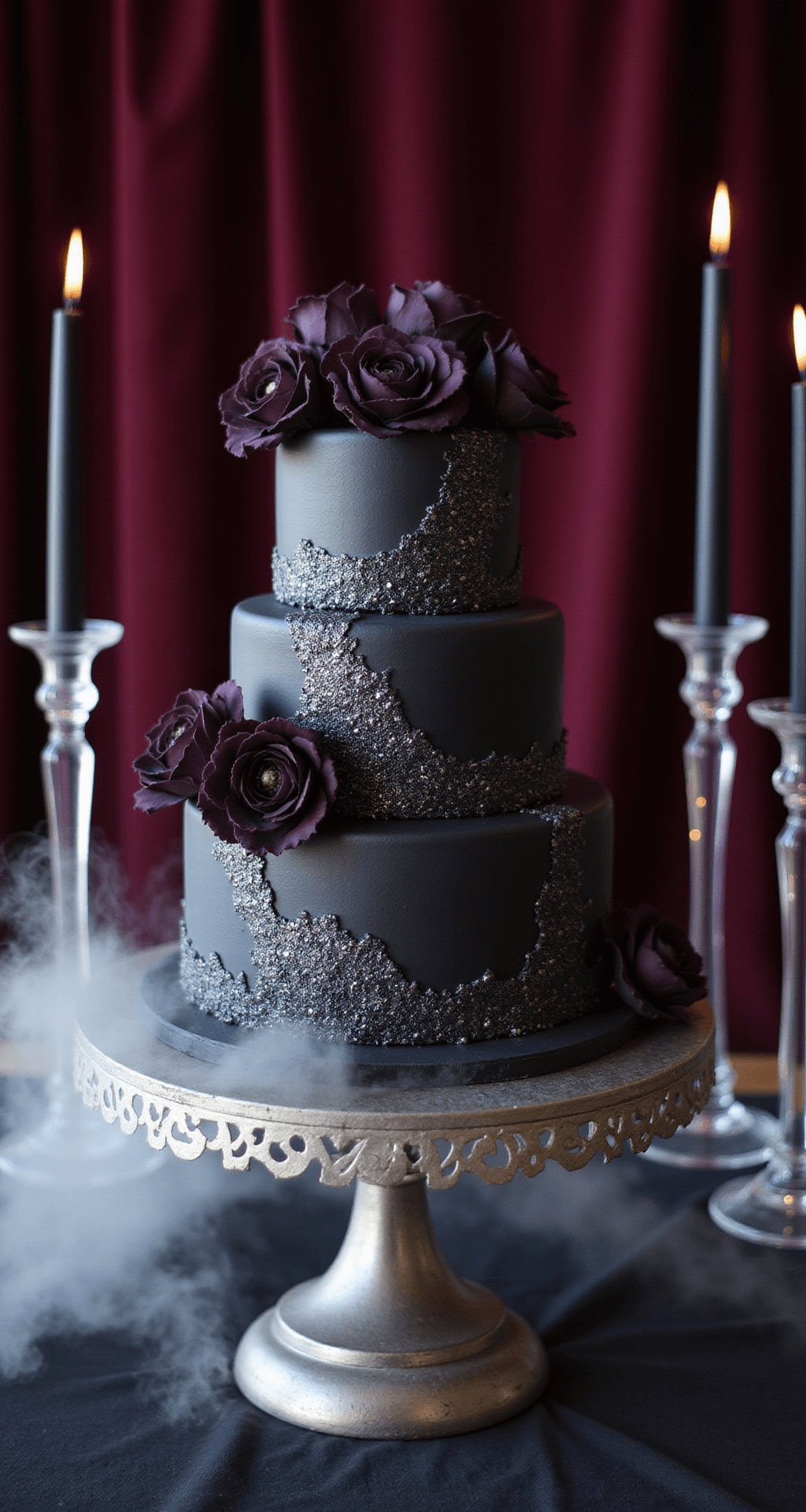 Black Wedding Cake: The Ultimate Gothic Glamour Dessert A three-tier black wedding cake with silver details and dark purple sugar flowers, set on a silver stand against a burgundy backdrop, with dry ice fog and crystal candelabras.