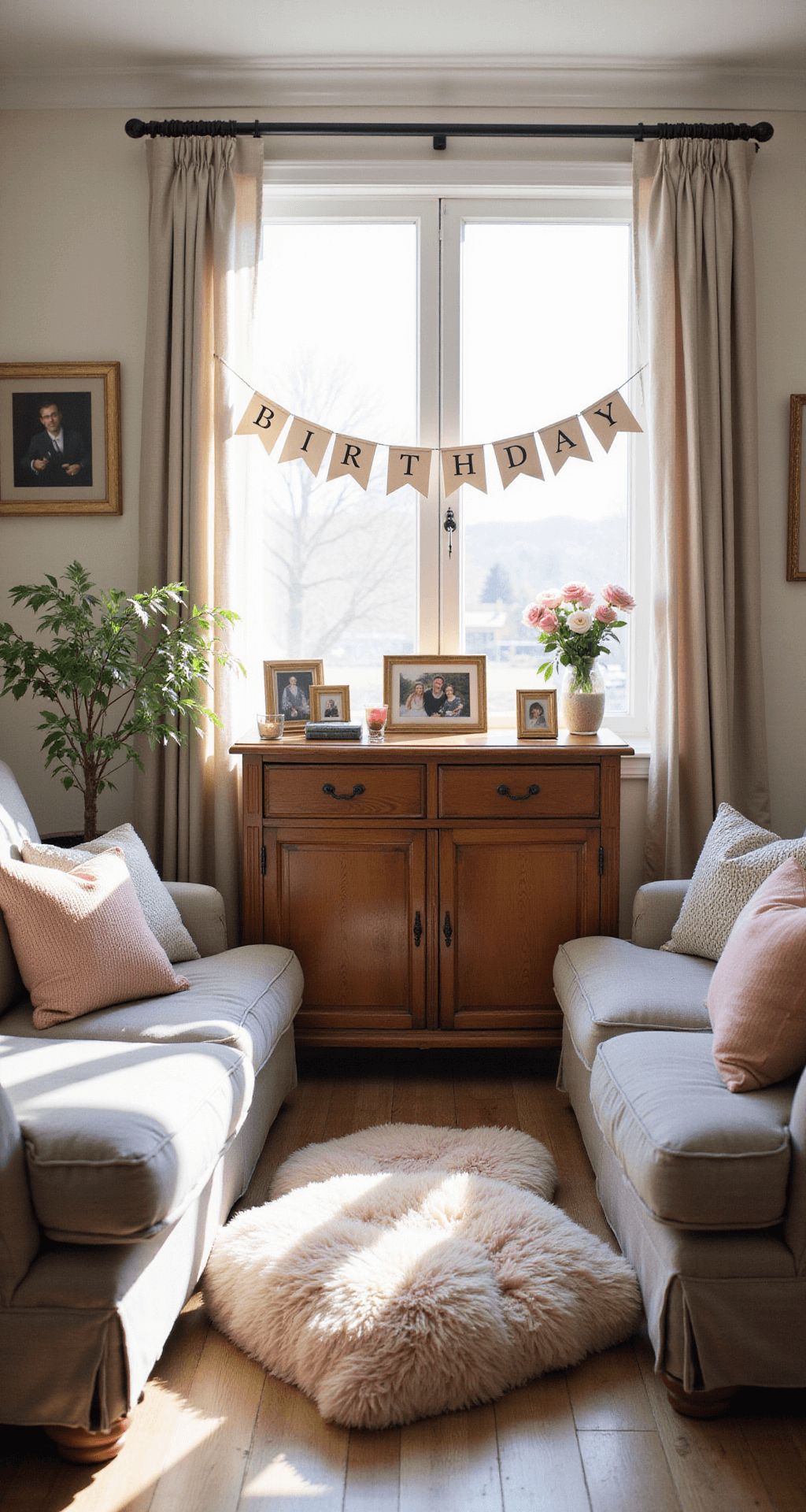 Ultimate Guide: Baby Girl Birthday Party Decorations That Wow! An intimate living room bathed in soft morning light features vintage furniture around a low table with pastel floor cushions, a handcrafted birthday banner, family photos, fresh flowers, soft textiles, and warm copper accents.