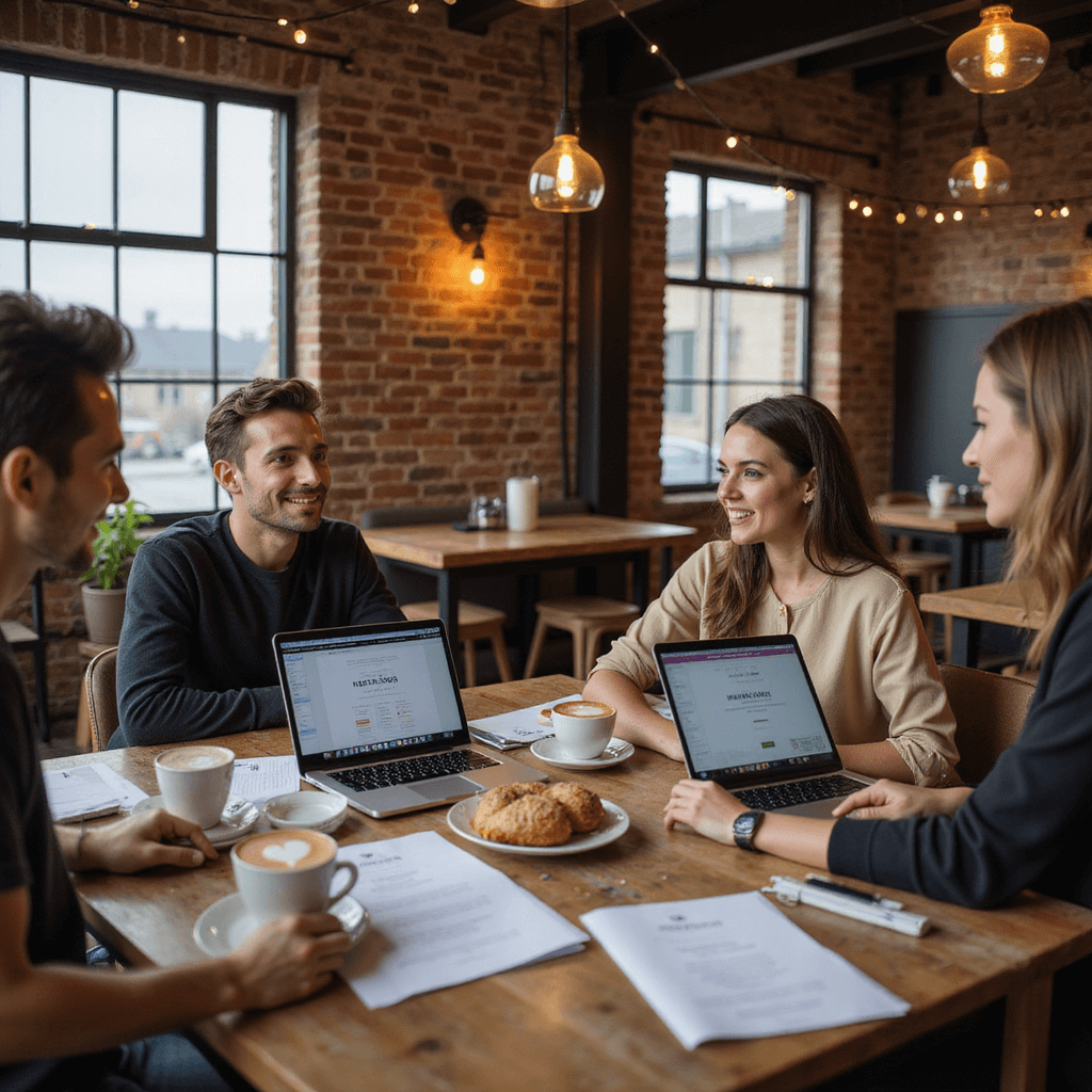 Digital Wedding Invitations: A Modern Couple's Complete Guide A tech-savvy couple meets with a wedding planner in an industrial chic coffee shop featuring exposed brick and pendant lighting. Three laptops showcase various digital invitation platforms amid latte art, pastries, and paper samples. String lights in the background add a bokeh effect.