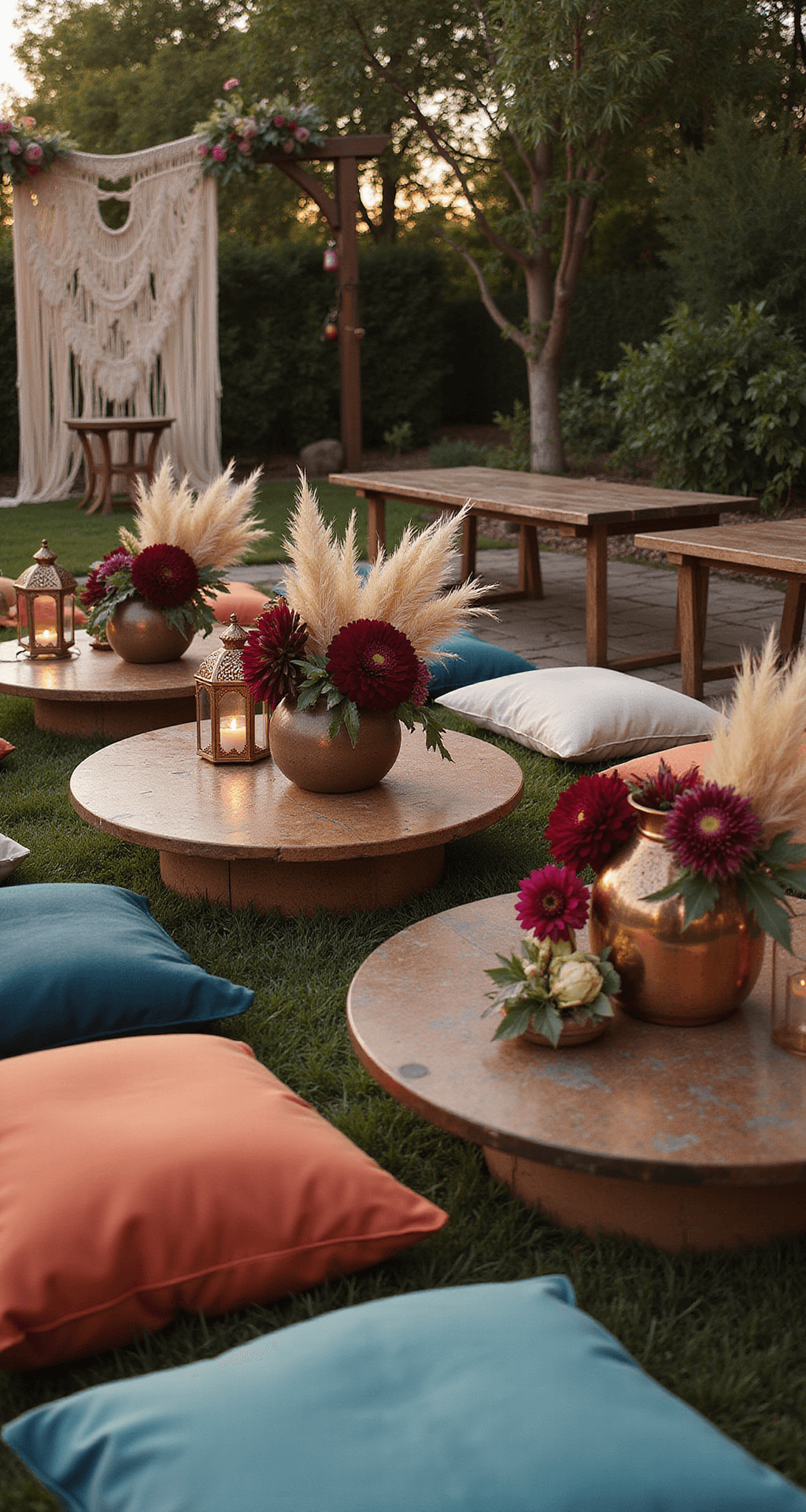 Stunning Wedding Flower Centerpieces: Your Ultimate Guide to Breathtaking Reception Decor Bohemian garden party with low tables, jewel-toned cushions, pampas grass, protea, dahlias in ceramic vases, Moroccan lanterns, copper accents, and a macramé floral backdrop.