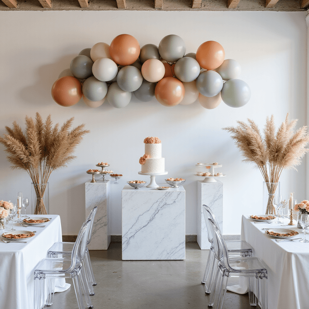 1st Birthday Party Magic: Creating Unforgettable Memories A modern minimalist celebration in a light-filled loft, featuring a geometric pastel balloon installation, a marble dessert station with a contemporary single-tier cake on a lucite stand, ghost chairs around white silk tables with metallic accents, and dried pampas grass arrangements, all captured to highlight architectural symmetry.