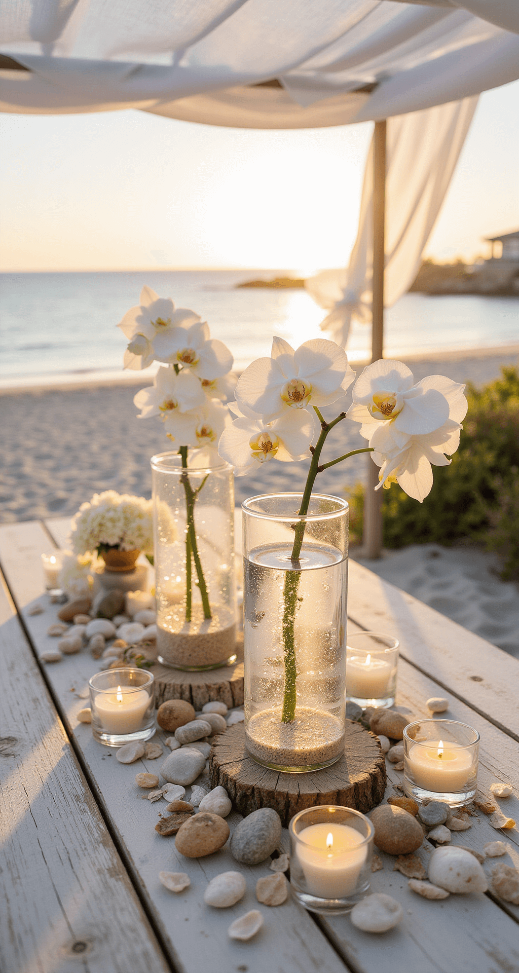 Stunning Wedding Flower Centerpieces: Your Ultimate Guide to Breathtaking Reception Decor Beachfront sunset scene with white-washed wooden tables adorned with floating candle hurricanes, orchids, sea glass, and clear vessels of sand and shells, under a billowing gauzy white fabric cabana.