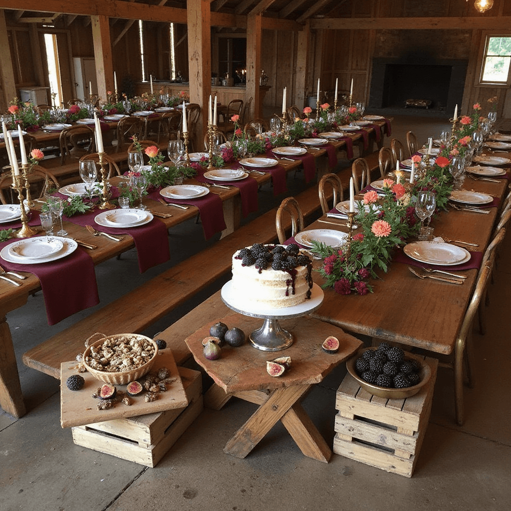 1st Birthday Party Magic: Creating Unforgettable Memories Aerial view of a rustic barn adorned for a cozy autumn celebration, featuring wooden harvest tables with burgundy runners, vintage brass candlesticks, and floral arrangements of dahlias and ranunculus. A dessert display on reclaimed crates includes a naked cake topped with fresh figs and blackberries, highlighting the warm color palette.