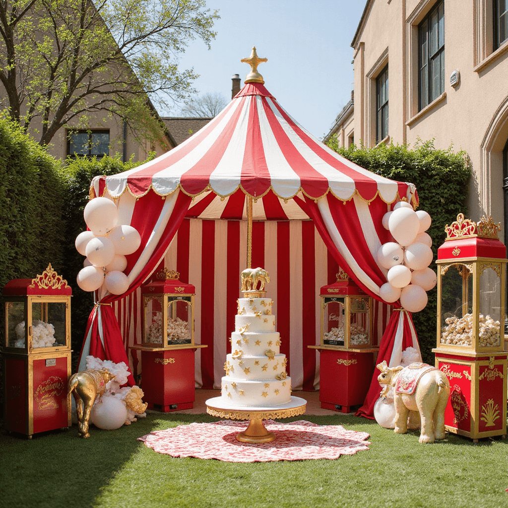 1st Birthday Party Magic: Creating Unforgettable Memories A vibrant circus-themed courtyard celebration featuring a tiered cake adorned with gold elephants and stars inside a striped dessert tent, vintage popcorn machines, and cotton candy stands. Red and white balloon arches frame play areas, while brass carousel animals add whimsical decor, all captured from a child's eye level.