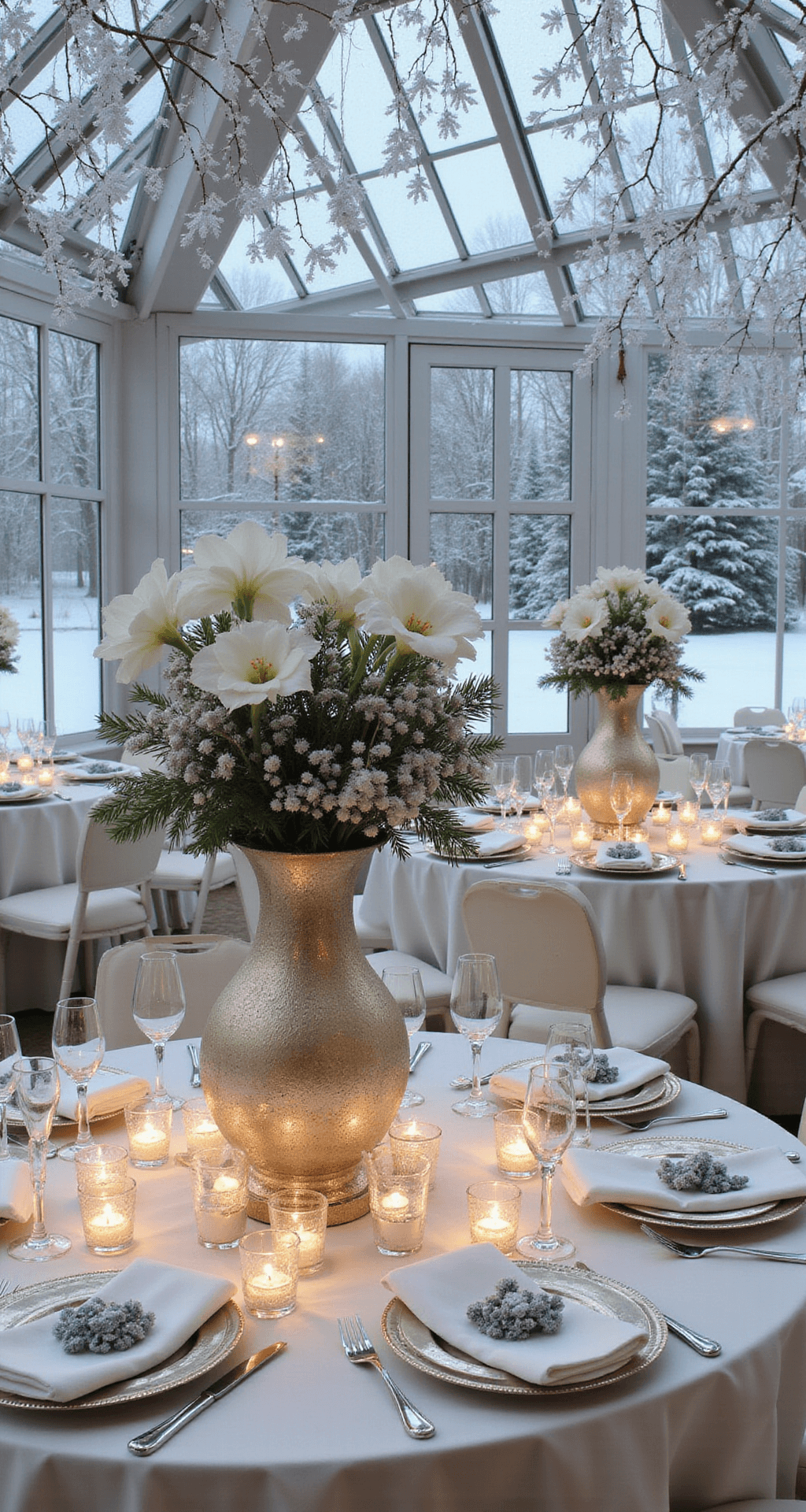 Stunning Wedding Flower Centerpieces: Your Ultimate Guide to Breathtaking Reception Decor A glass conservatory decorated as a winter wonderland, featuring white amaryllis, silver brunia berries, and frosted pine boughs in mercury glass vessels. White velvet linens and silver chargers reflect light from crystal snowflakes overhead. Soft cool uplighting enhances the icy ambiance with white branch installations and hanging glass ornaments. Large greenhouse windows reveal a snowy landscape outside.