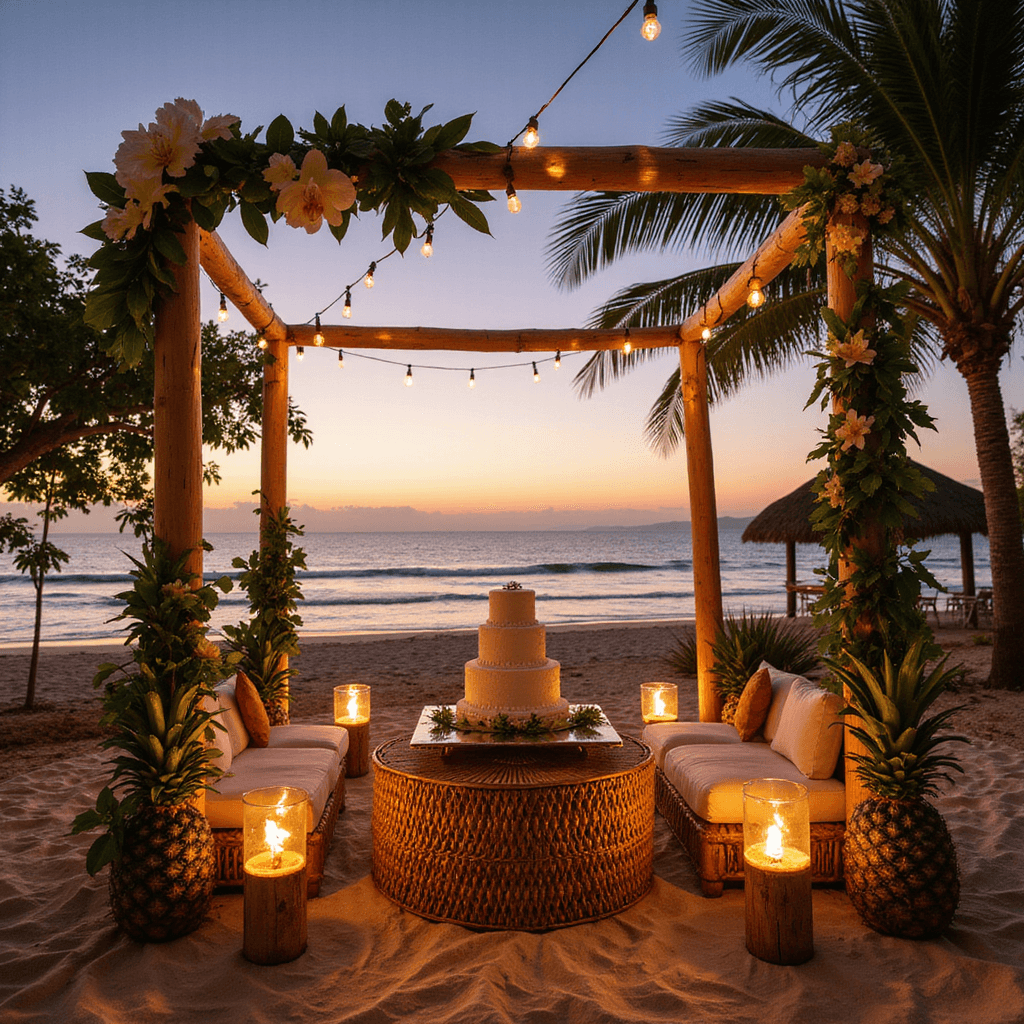 1st Birthday Party Magic: Creating Unforgettable Memories A tropical paradise on a private beach at sunset, featuring a bamboo arch with monstera leaves and orchids, a two-tier coconut cake display, low rattan tables with cushions, palm fronds, and pineapples, illuminated by tiki torches and string lights, all captured in a wide-angle shot.