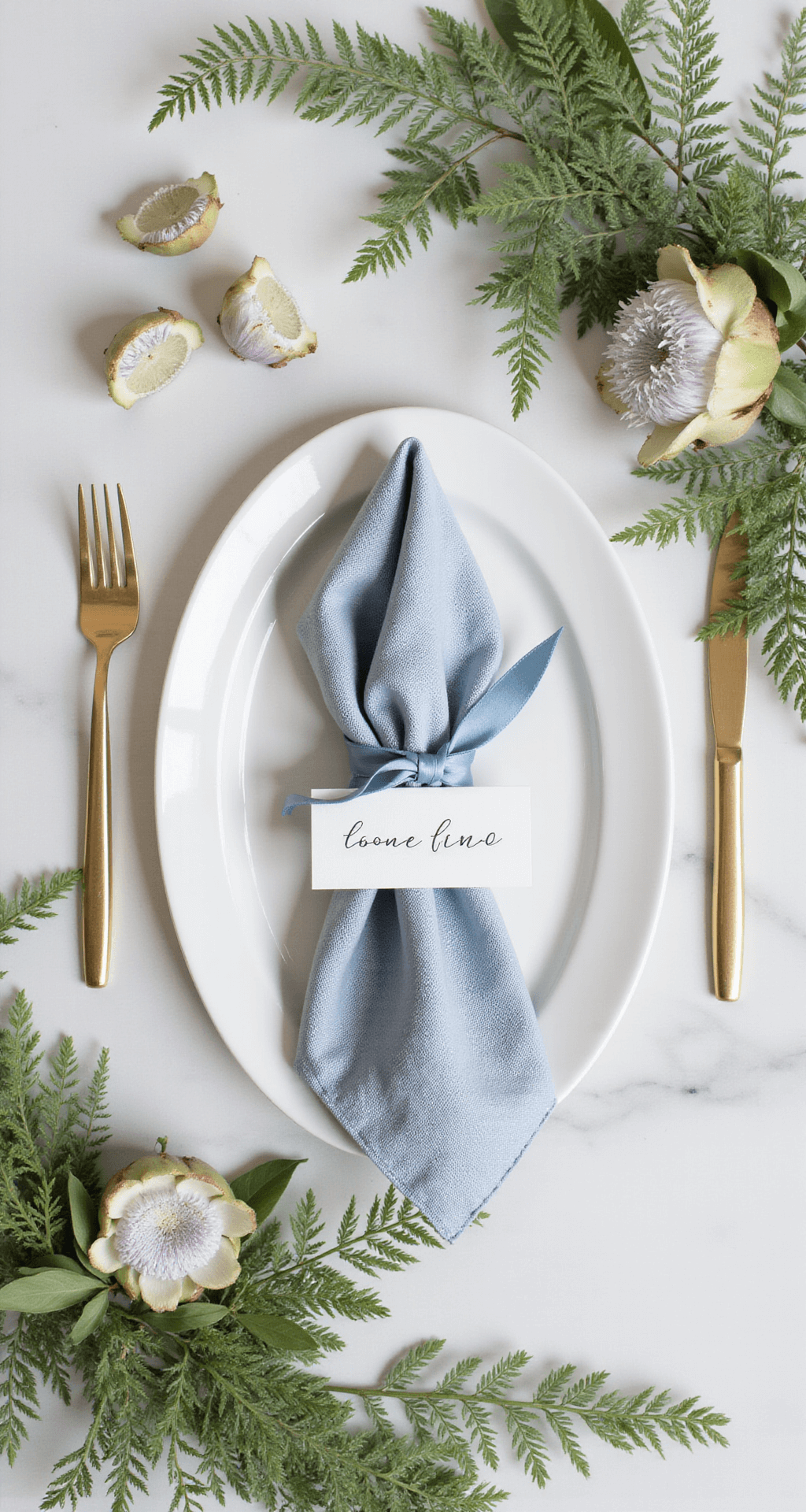 Summer Wedding Flowers: Your Ultimate Guide to Blooming Brilliance Overhead flat lay of a place setting with a blue napkin on a white charger, gold flatware, and a calligraphed place card, surrounded by protea blooms and fern fronds on marble.