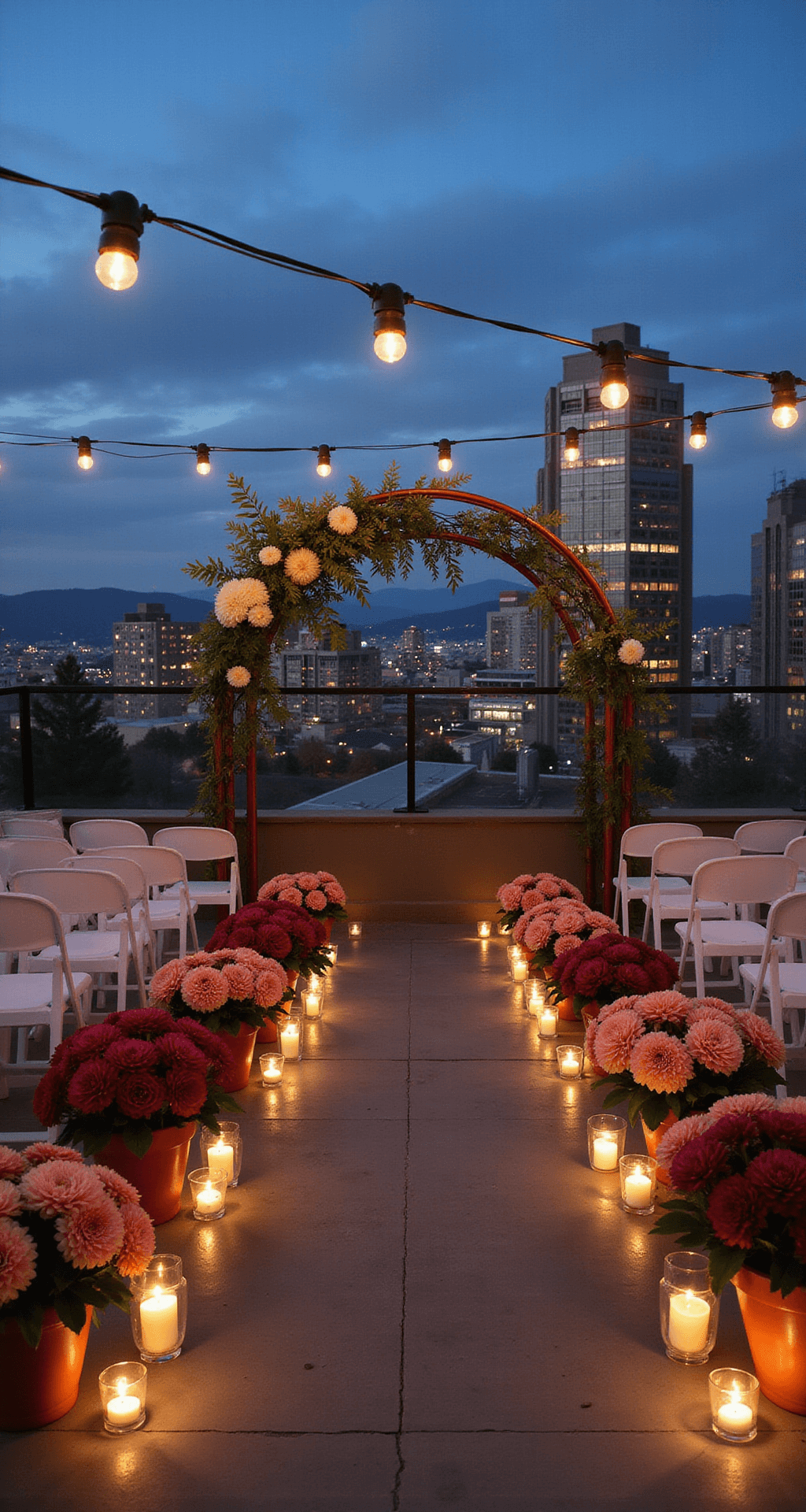 Summer Wedding Flowers: Your Ultimate Guide to Blooming Brilliance Twilight rooftop ceremony with string lights, dahlias in terra cotta pots, copper arch with laurel and snapdragons, city lights, ghost chairs, and candle lanterns.
