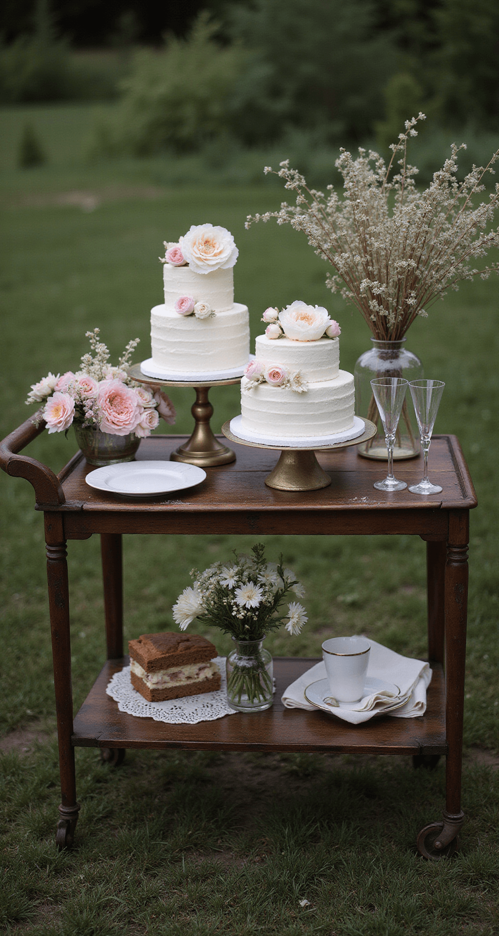 Summer Wedding Flowers: Your Ultimate Guide to Blooming Brilliance Vintage dessert cart with tiered white cakes adorned with peonies, surrounded by bud vases with lisianthus and sweetspire, brass candlesticks, and champagne coupes in moody evening light.