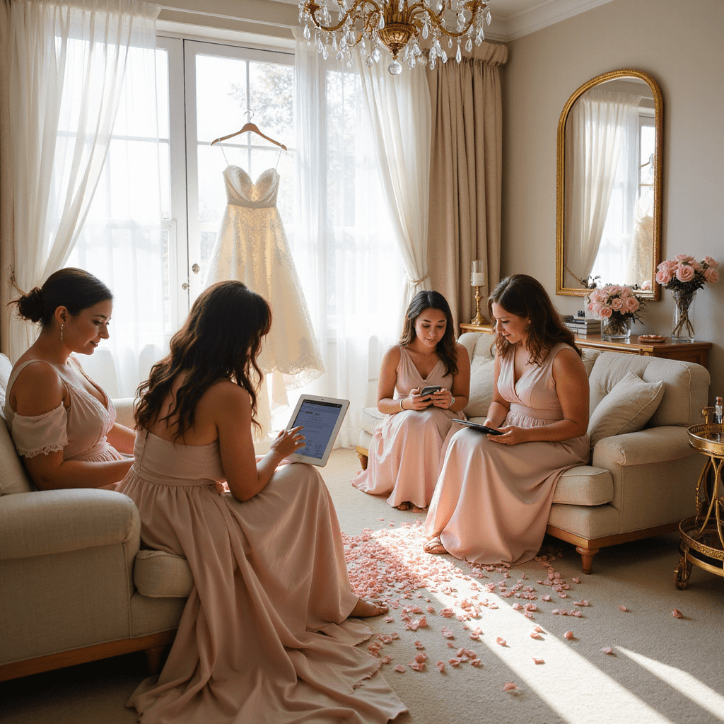 Digital Wedding Invitations: A Modern Couple's Complete Guide Bridesmaids in an elegant bridal suite gather around tablets, reacting to digital invitations. Sunlight filters through sheer white curtains, with a champagne cart and rose petals on a plush cream carpet. A wedding dress hangs in the background, with gold-framed mirrors, crystal chandeliers, and soft pink floral arrangements completing the scene.