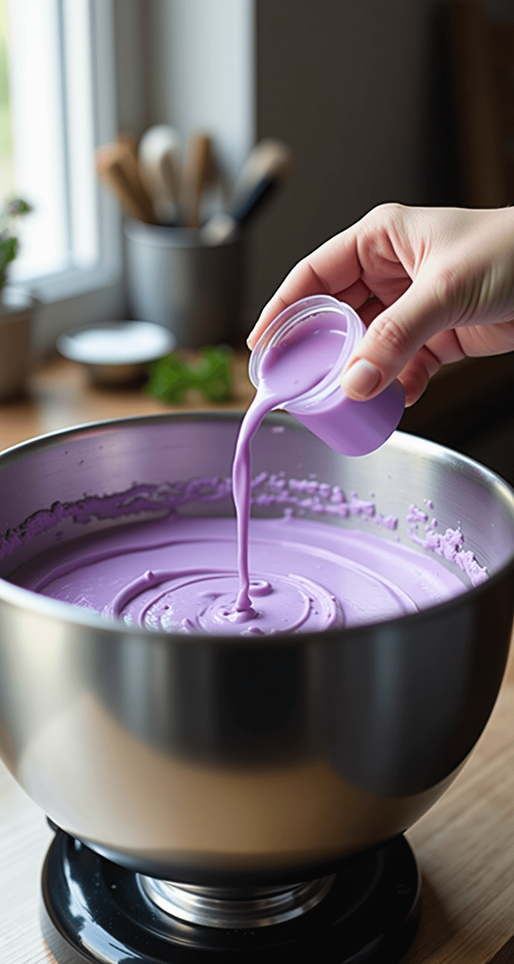 Purple Birthday Cake: Magical Lavender Layers of Delight Close-up of hands adding purple gel food coloring to cake batter in a stainless steel bowl, illuminated by soft natural light, with baking tools and ingredients in the background.