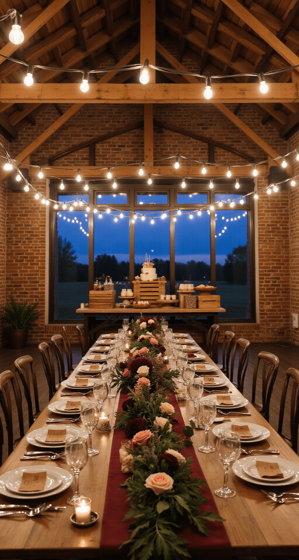 Ultimate Guide: Baby Girl Birthday Party Decorations That Wow! Rustic-luxe barn celebration with Edison bulb string lights, long wooden tables with burgundy and blush floral runners, vintage china, metal chairs, and a dessert display on wooden crates, all set against exposed brick walls during twilight.