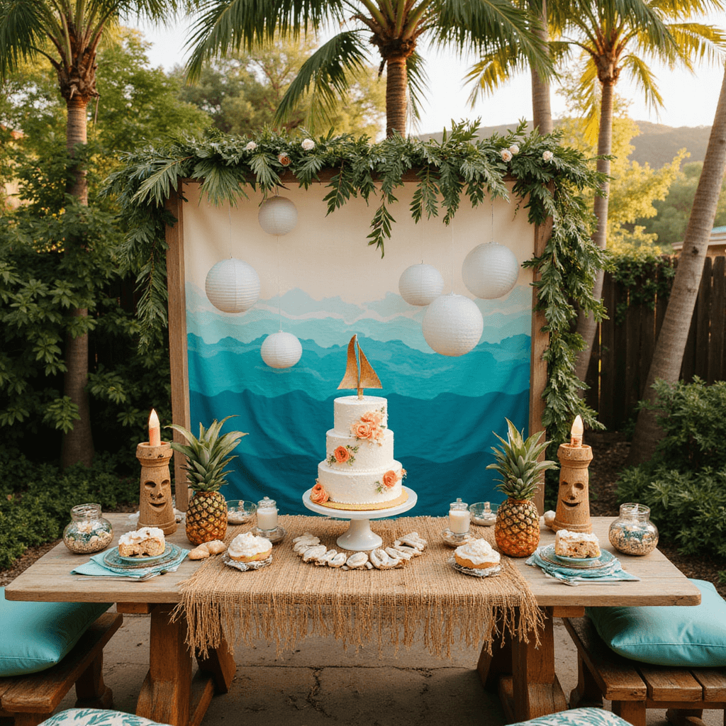 Tropical Moana Birthday Party: A Complete Styling and Photography Guide A vibrant Polynesian-themed backyard setup at golden hour, featuring a hand-painted ocean wave mural, floating lanterns, a dessert table with a Moana-themed cake, tiki torches, and tropical decor, all illuminated by soft afternoon light.