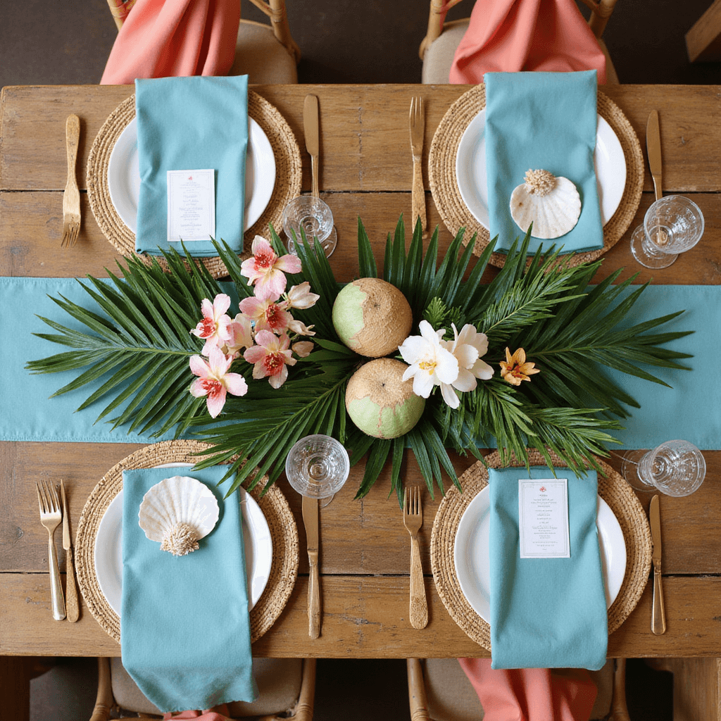 Tropical Moana Birthday Party: A Complete Styling and Photography Guide Overhead view of a tropical tablescape featuring aqua blue linens, bamboo place settings, hand-woven grass chargers, and a centerpiece of orchids and monstera leaves with painted coconuts. Custom shell name cards on mother-of-pearl plates, alongside natural rattan chairs with coral sashes, all captured in bright midday lighting.