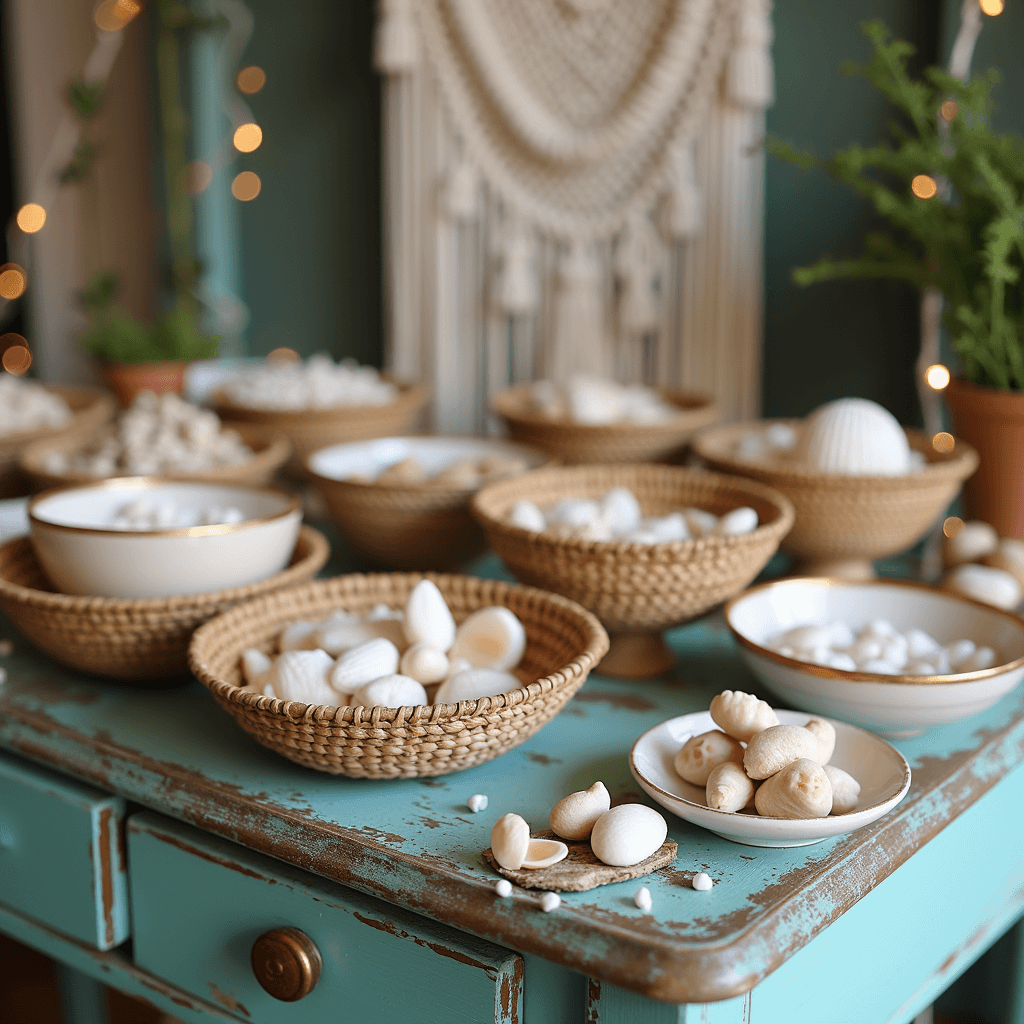Tropical Moana Birthday Party: A Complete Styling and Photography Guide Detail shot of a vintage wooden table with a distressed turquoise finish showcasing a DIY shell crown making area, featuring organized craft materials in woven baskets, natural shells, pearls, and ribbons in ceramic bowls with gold trim, set against a backdrop of a macramé hanging with intertwined fairy lights, all captured in soft focus to highlight textures and dimensions.