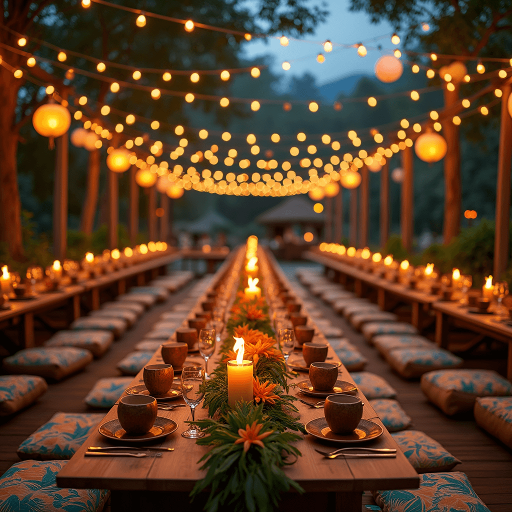 Tropical Moana Birthday Party: A Complete Styling and Photography Guide A wide shot of a kids' dining area at dusk, featuring picnic-style long low tables with tropical print cushions, string lights and paper lanterns overhead, coconut cups, leaf-shaped plates, bamboo utensils, LED flameless tiki torches, and a center runner of fresh tropical foliage and bright blooms.
