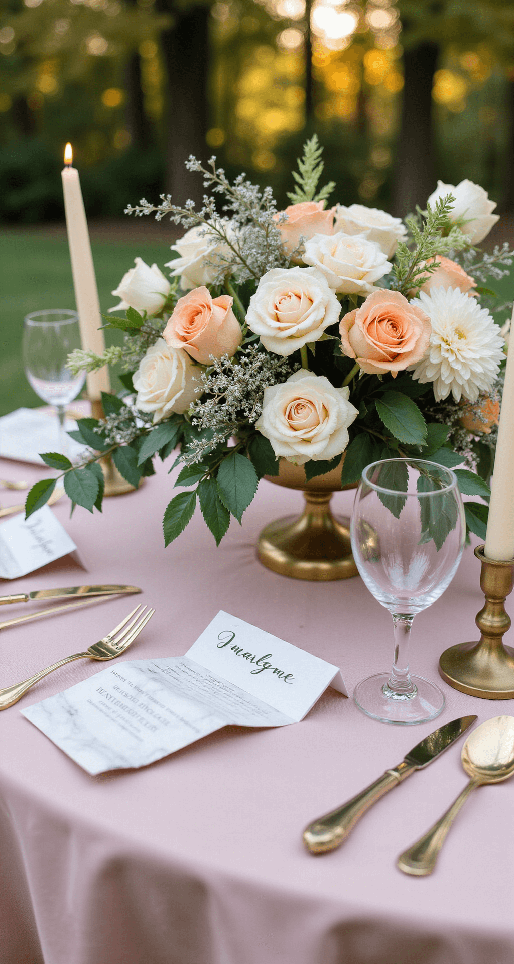 Autumn Wedding Flowers: A Stunning Seasonal Guide to Floral Perfection A romantic garden sweetheart table with blush velvet linens, peach roses, white dahlias, and trailing amaranth in a gold compote. Marble place cards, champagne coupes, taper candles, and autumn foliage complete the scene.
