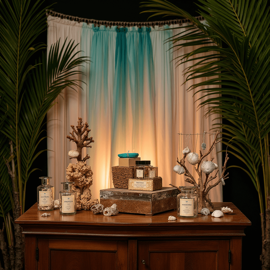 Tropical Moana Birthday Party: A Complete Styling and Photography Guide Atmospheric evening display featuring a vintage wooden cabinet with hand-crafted Kakamora favor boxes, shell necklaces on coral branches, and personalized message bottles. The backdrop showcases gathered fabric in ocean ombré shades, with dramatic uplighting casting shadows from palm fronds and metallic accents reflecting warm light.