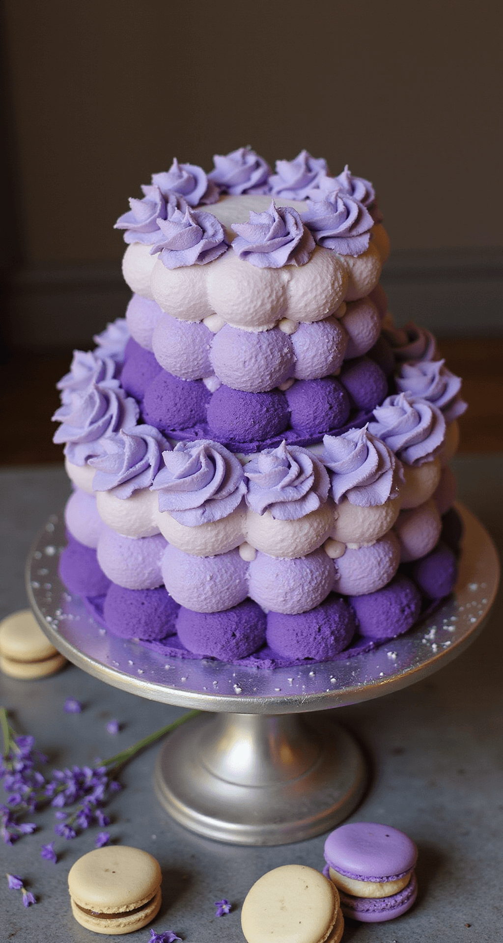 Purple Birthday Cake: Magical Lavender Layers of Delight Overhead view of a two-tier purple ombre cake on a silver stand, featuring gradients of violet to lavender buttercream, piped rosettes, gold leaf accents, and fresh lavender sprigs with macarons at the base.