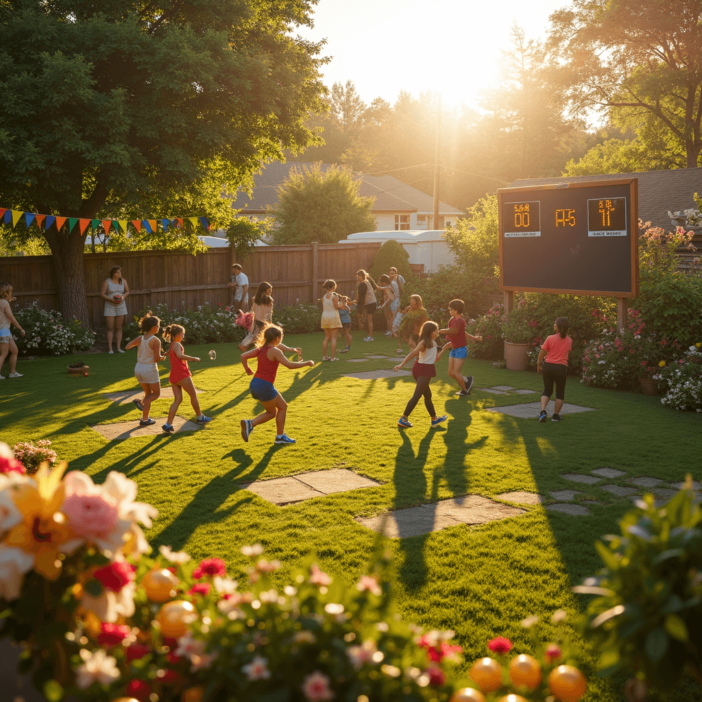 13th Birthday Party Ideas: Epic Celebration Guide for Teens A sunlit backyard converted into an Olympic-themed space featuring a custom obstacle course, a giant scoreboard, colorful challenge zones, a flower-adorned medal podium, and a hydration station, all captured in golden hour light with lens flare and active participants.