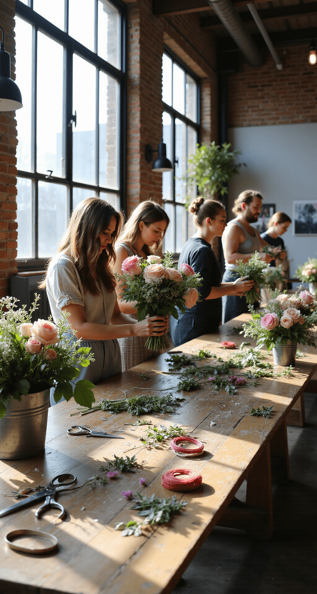 DIY Wedding Flowers: Your Complete Guide to Creating Stunning Floral Arrangements on a Budget A sunny floral workshop in a modern loft with wooden workstations, scattered floral supplies, and buckets of fresh flowers, as a DIY bride and bridesmaids craft bouquets and boutonnieres under natural light streaming through large windows.