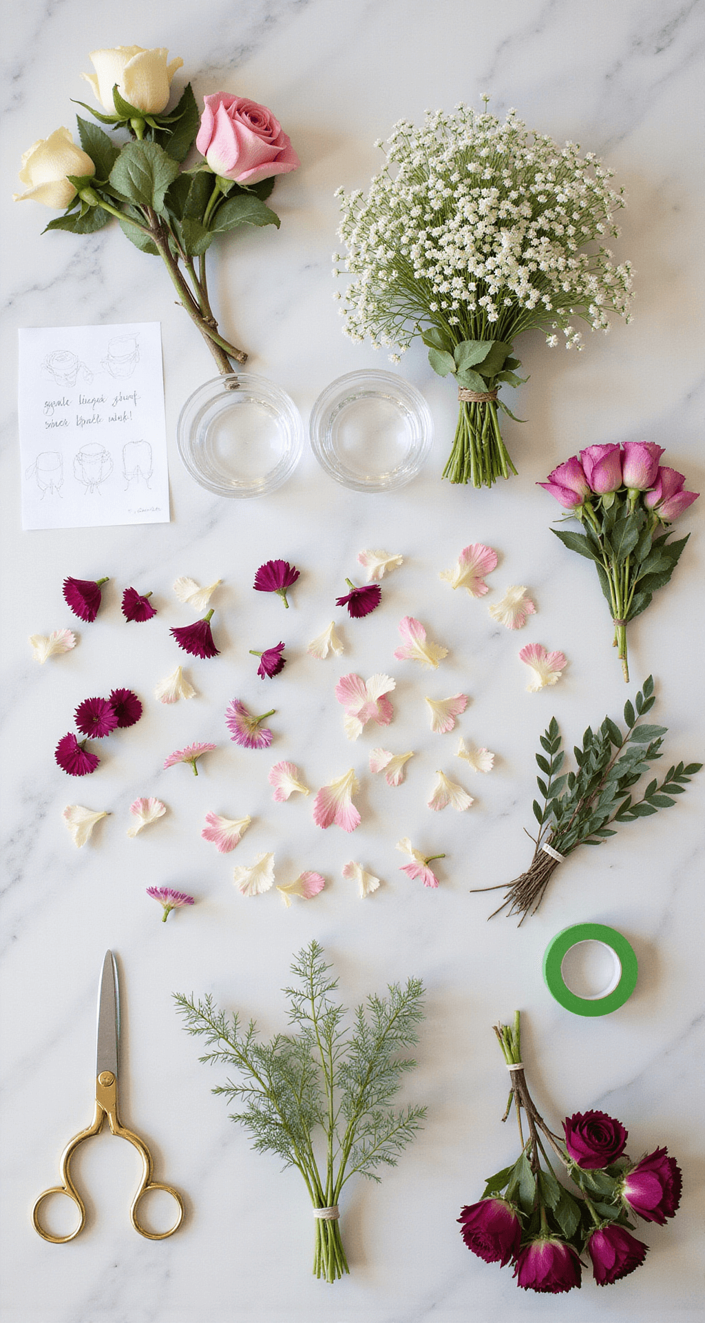 DIY Wedding Flowers: Your Complete Guide to Creating Stunning Floral Arrangements on a Budget Elegantly organized flower preparation station with floral tools and fresh-cut flowers in a symmetrical layout on a marble countertop, featuring gold scissors, green floral tape, water vessels, and bouquet design sketches.