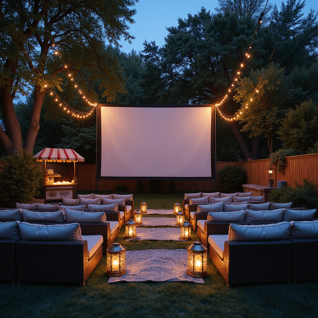 13th Birthday Party Ideas: Epic Celebration Guide for Teens Intimate twilight backyard movie screening with a white screen between trees, tiered premium outdoor seating, Moroccan lanterns along pathways, cozy blanket baskets, fairy lights overhead, and a vintage popcorn cart with a striped awning, captured during blue hour.