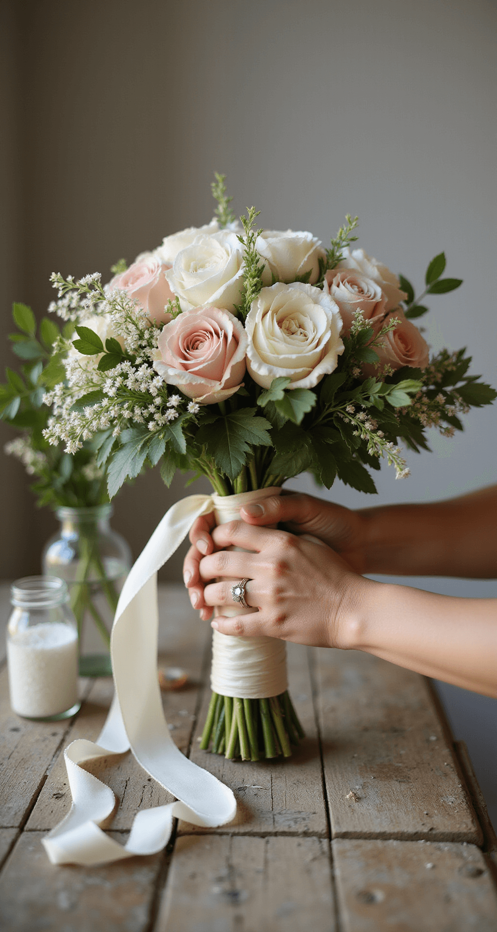 DIY Wedding Flowers: Your Complete Guide to Creating Stunning Floral Arrangements on a Budget Close-up view of hands wrapping ivory ribbon around a bridal bouquet handle, with blush roses and white peonies, under warm afternoon light on a rustic wooden table.