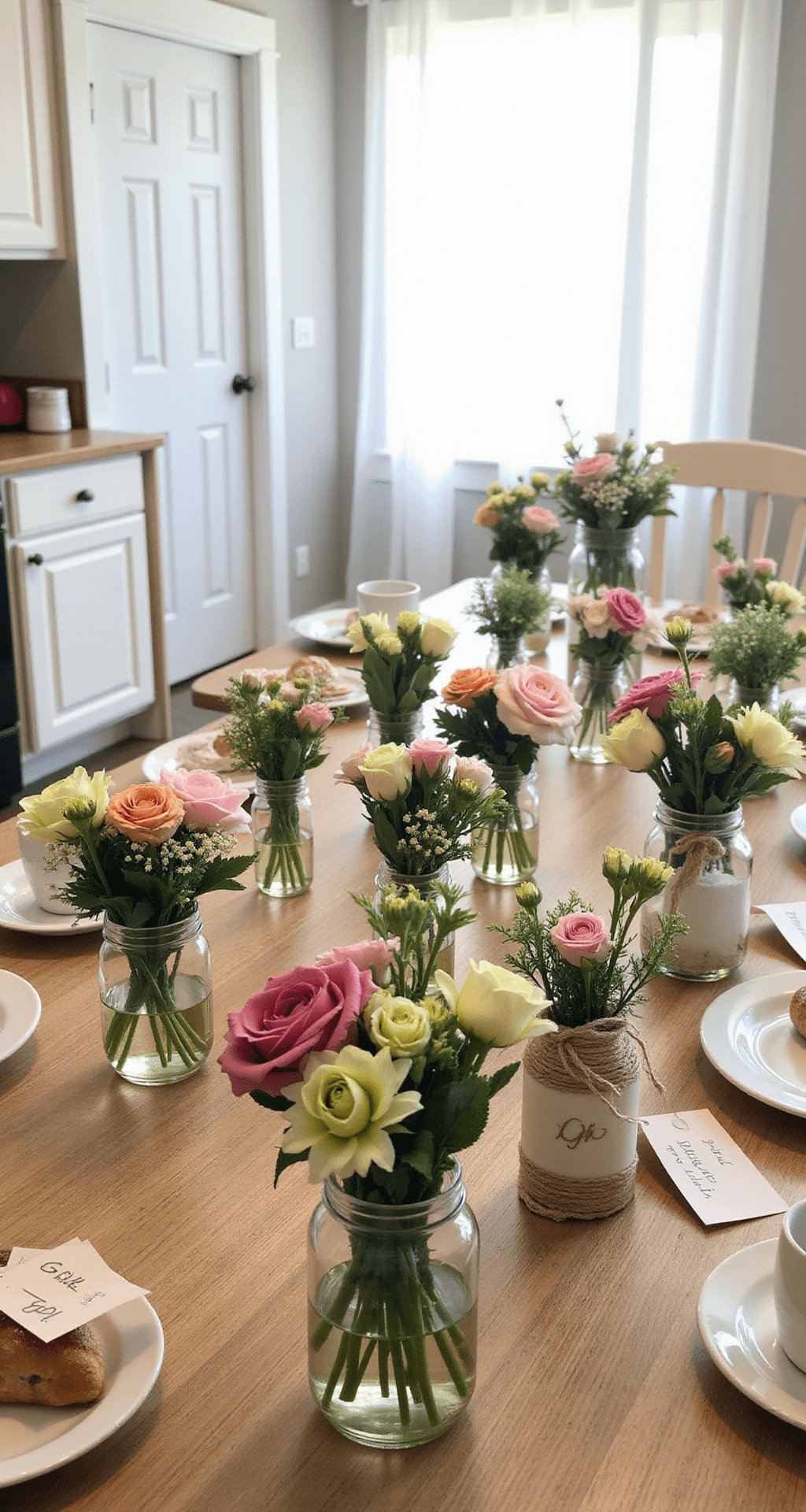 DIY Wedding Flowers: Your Complete Guide to Creating Stunning Floral Arrangements on a Budget Kitchen island with flower arrangements of roses and carnations in mason jars, surrounded by place cards, twine, coffee cups, and pastries under sunlit curtains.