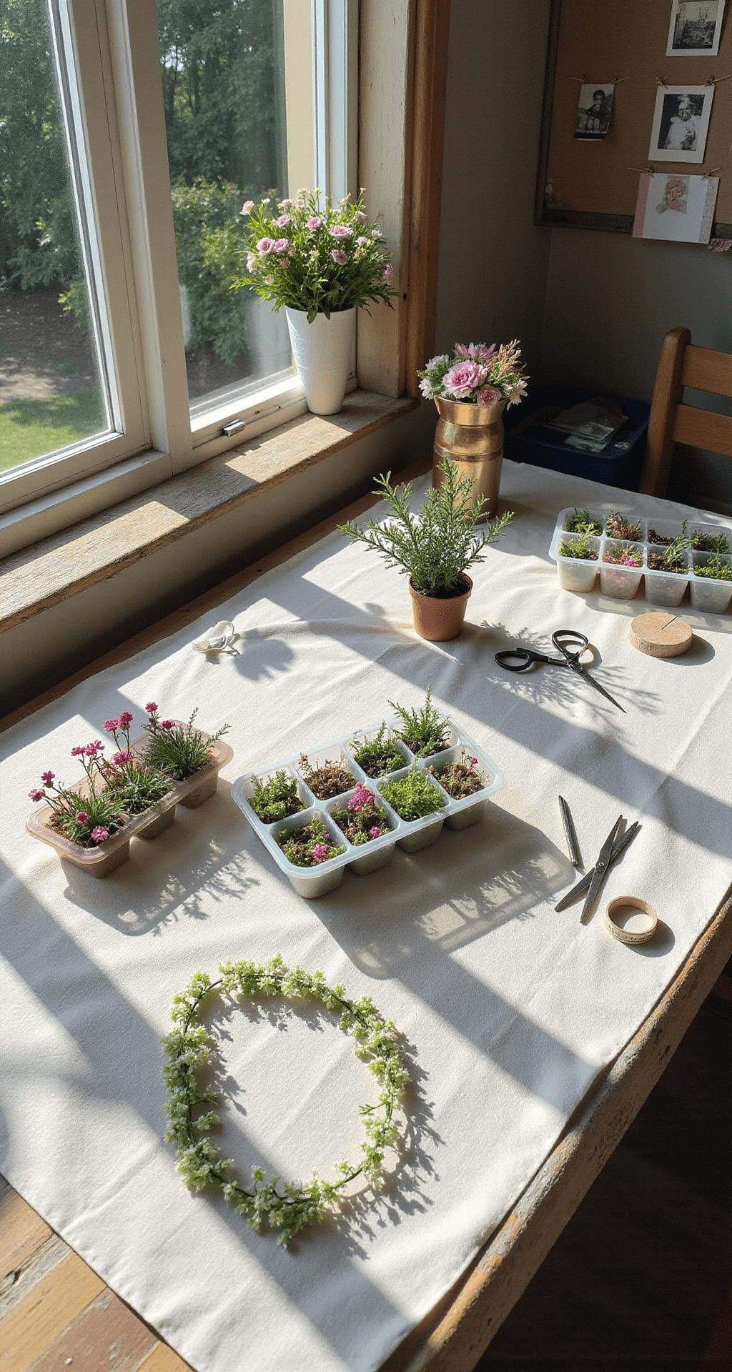 DIY Wedding Flowers: Your Complete Guide to Creating Stunning Floral Arrangements on a Budget DIY flower crown station in rustic sunroom with florals in ice cube trays, tools on linen cloth, finished crowns, and Polaroid photos against sunlit wooden table.
