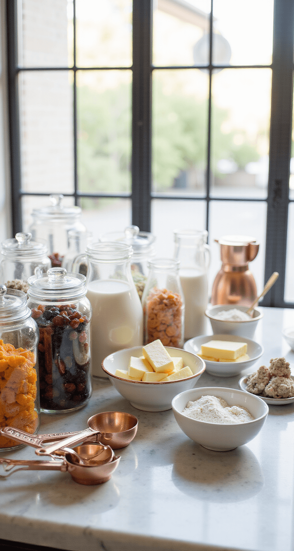 Traditional Wedding Cake: The Ultimate Guide to Creating a Legendary Centerpiece Bright, professional kitchen with natural light, featuring organized ingredients on a marble countertop, including mixing bowls with room-temperature butter and eggs, vintage glass jars of dried fruits and crystallized sugar, and meticulously arranged baking tools and copper measuring cups.