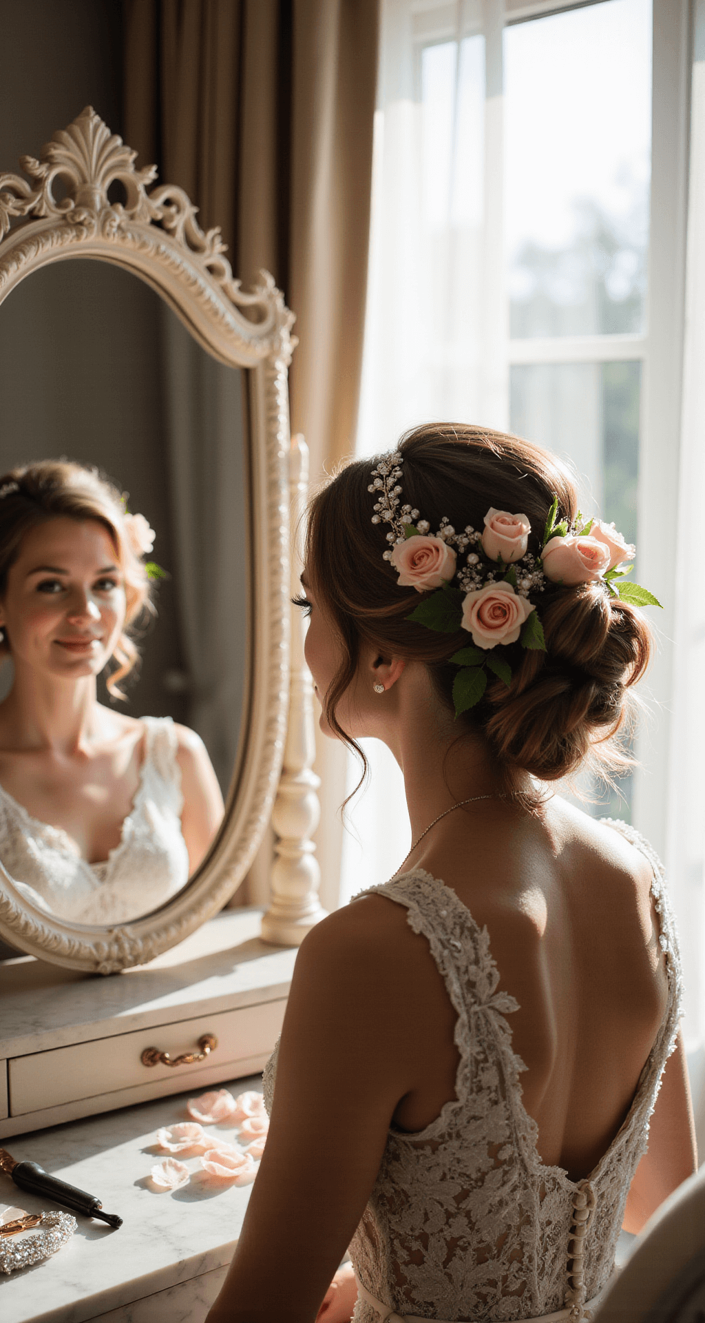 Blooming Brilliance: The Ultimate Guide to Wedding Hair Flowers Bride getting her hair styled with roses and pearls, sitting at a vanity in a sunlit bridal suite.