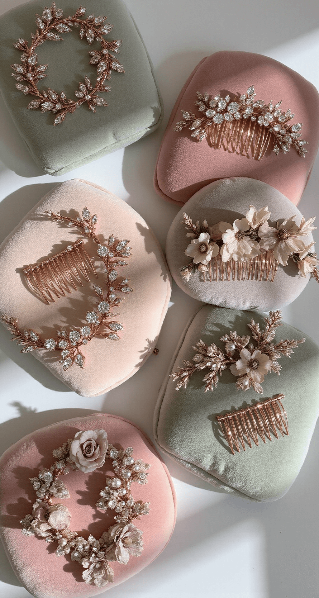 Blooming Brilliance: The Ultimate Guide to Wedding Hair Flowers Overhead view of a bridal boutique display with rose gold hair vines, crystal-embellished combs, and silk flower crowns on dusty rose and sage velvet cushions, illuminated by accent lighting.