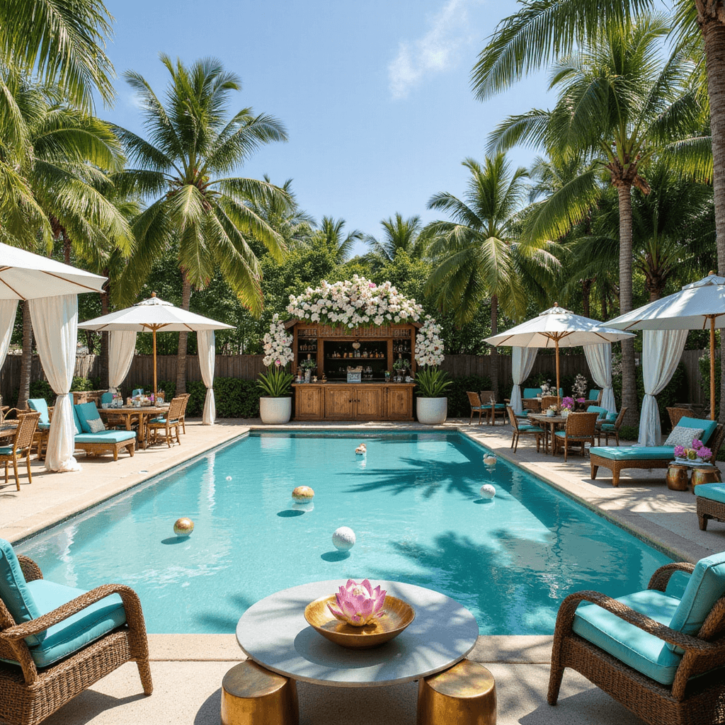 16th Birthday Bash: The Ultimate Guide to Throwing an Unforgettable Sweet 16 Party Wide-angle view of a tropical pool party with an L-shaped pool, palm trees, white-draped cabanas, floating lotus flowers, and LED orbs in the turquoise water. Rattan lounge furniture with azure cushions and brass tables surround umbrella-shaded dining areas. A tiki bar displays fresh fruits and mocktails, while giant tropical leaves and suspended orchids enhance the vibrant atmosphere.